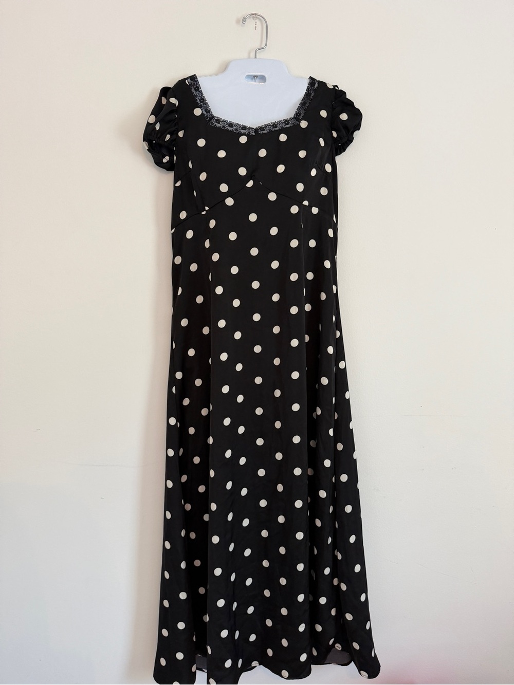 Black Polka Dot Maxi Dress with Lace Trim